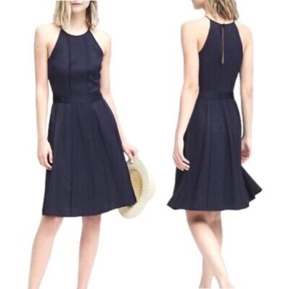 BANANA REPUBLIC Dress Halter Neck Blue Polka Dot Keyhole Sleeveless A Line